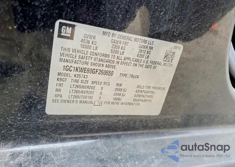 2016 Chevrolet Silverado K2500 Heavy Duty Ltz z USA, uszkodzony, nr VIN 1GC1KWE80GF260650